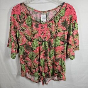 New York Laundry Womens Top 2X Tropical Leaf Print Crochet Detail Tie Resortwear